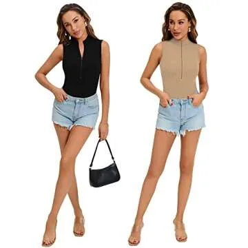 MANGOPOP Tank Top Body Suits for Women Sleeveless Mock Turtle Neck Bodysuit Zip Up Ribbed Deep V Womens Bodysuit