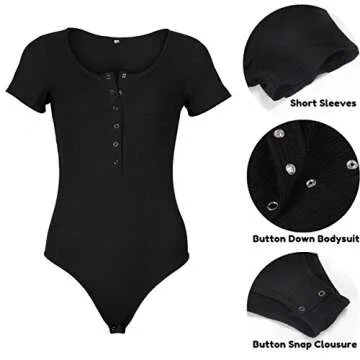 GEMBERA Women Short Sleeves Henley Neck Button Down Bodysuit Ribbed Knit Thong Basic Leotard Top L,Black