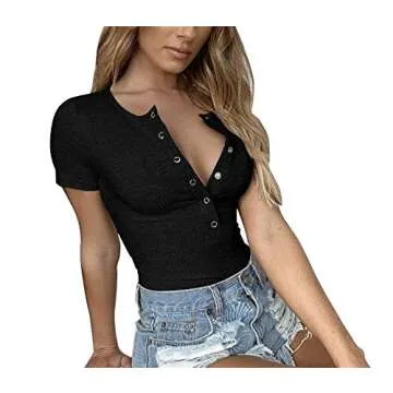 GEMBERA Women Short Sleeves Henley Neck Button Down Bodysuit Ribbed Knit Thong Basic Leotard Top L,Black
