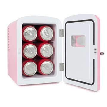 Nostalgia Retro 6-Can Personal Cooling and Heating Mini Refrigerator with Eraser Board Door Carry Handle and Display Window for Home, Office, Car, Boat or Dorm Room, Pink,1 cubic feet