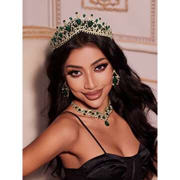 SWEETV Baroque Wedding Crown for Bride, 3-pack Tiara Earrings Necklace, Bridal Jewelry Set, Gold Gre...