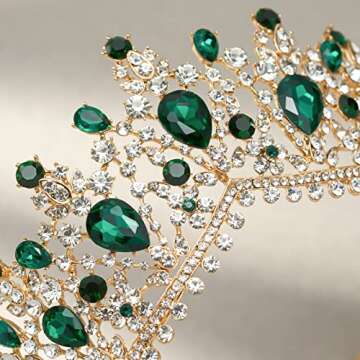 SWEETV Baroque Wedding Crown for Bride, 3-pack Tiara Earrings Necklace, Bridal Jewelry Set, Gold Green Crystal Costume Party Birthday Prom Pageant Jewelry for Women for Ages 15+, Genesis