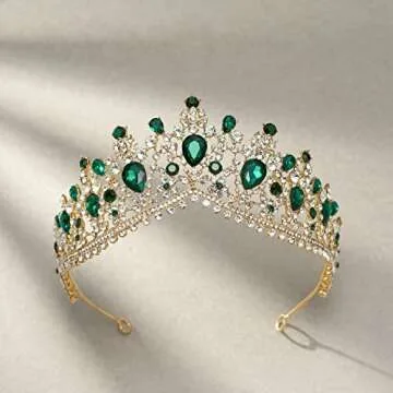 SWEETV Baroque Wedding Crown for Bride, 3-pack Tiara Earrings Necklace, Bridal Jewelry Set, Gold Green Crystal Costume Party Birthday Prom Pageant Jewelry for Women for Ages 15+, Genesis