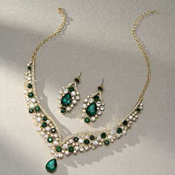 SWEETV Baroque Wedding Crown for Bride, 3-pack Tiara Earrings Necklace, Bridal Jewelry Set, Gold Green Crystal Costume Party Birthday Prom Pageant Jewelry for Women for Ages 15+, Genesis