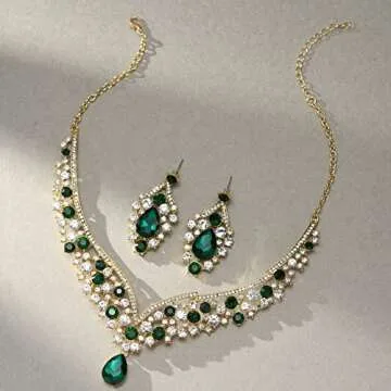 SWEETV Baroque Wedding Crown for Bride, 3-pack Tiara Earrings Necklace, Bridal Jewelry Set, Gold Green Crystal Costume Party Birthday Prom Pageant Jewelry for Women for Ages 15+, Genesis
