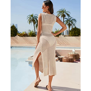 BMJL Womens Swimwear Cover Ups Crochet Hollow Out Long Bathing Suit Coverup Bikini Sleeveless Side Split Beach Dress Apricot