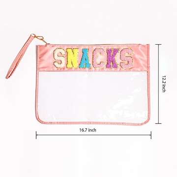 16.7 Inch Big Snacks Clear Pouch, Snacks Makeup Tote Bag, Waterproof Snacks Bag for Travel, Snacks Bag Clear Chenille Letter Bags, Multi-purpose PVC Clear Bags with Wrist Strap, Pink