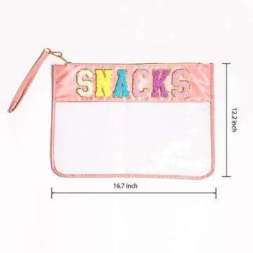16.7 Inch Big Snacks Clear Pouch, Snacks Makeup Tote Bag, Waterproof Snacks Bag for Travel, Snacks Bag Clear Chenille Letter Bags, Multi-purpose PVC Clear Bags with Wrist Strap, Pink
