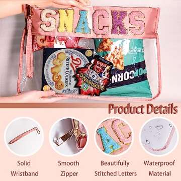 16.7 Inch Big Snacks Clear Pouch, Snacks Makeup Tote Bag, Waterproof Snacks Bag for Travel, Snacks Bag Clear Chenille Letter Bags, Multi-purpose PVC Clear Bags with Wrist Strap, Pink