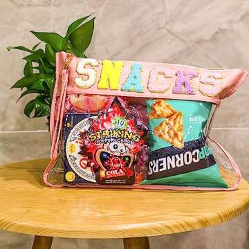 16.7 Inch Big Snacks Clear Pouch, Snacks Makeup Tote Bag, Waterproof Snacks Bag for Travel, Snacks Bag Clear Chenille Letter Bags, Multi-purpose PVC Clear Bags with Wrist Strap, Pink