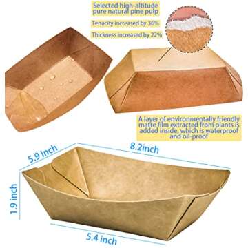 MotBach 100 Pack 3lb Kraft Paper Food Trays, Heavy-Duty Paper Food Boat Disposable Serving Basket Tr...
