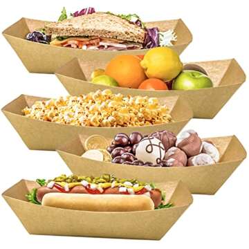 MotBach 100 Pack 3lb Kraft Paper Food Trays, Heavy-Duty Paper Food Boat Disposable Serving Basket Tray for French Fries Nachos Snack Hot Dog Taco BBQ Popcorn Party Picnic Wedding Party (Brown)