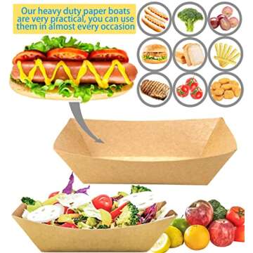 MotBach 100 Pack 3lb Kraft Paper Food Trays, Heavy-Duty Paper Food Boat Disposable Serving Basket Tray for French Fries Nachos Snack Hot Dog Taco BBQ Popcorn Party Picnic Wedding Party (Brown)
