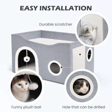 Heeyoo Cat House for Indoor Cats - Large Cat Bed Cave with Fluffy Ball and Scratch Pad, Foldable Cat Houses & Condos, Cat Hideaway, Covered Cat Bed for Multi Small Large Kitty, 23.8x15.9x13.2 Inches