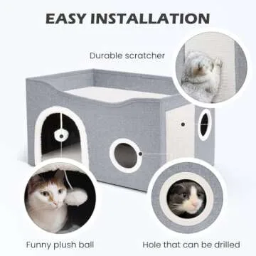 Heeyoo Cat House for Indoor Cats - Large Cat Bed Cave with Fluffy Ball and Scratch Pad, Foldable Cat Houses & Condos, Cat Hideaway, Covered Cat Bed for Multi Small Large Kitty, 23.8x15.9x13.2 Inches