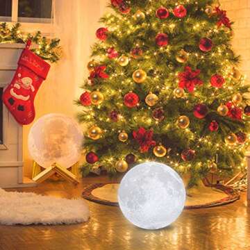 LOGROTATE Moon Lamp, 3D Printing LED Night Light Moon Light with Stand, Warm & Cool Two Colors and Dimmable, USB Rechargeable for Kid Lover Birthday Day Gifts (4.7 inch)