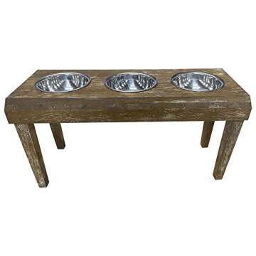 828 Pet Supplies | 3 Bowl Dog Feeder - Aluminum Bowls - Washed Oak Finish - Raised Dog Feeder - Dog ...
