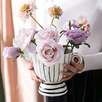 Tanvecle Ceramic Vase with 2 Small Ear Handles, Black and White Minimalist Decor, Modern Home Decor, Office, Living Room, Shelf Decor, Centerpiece Table Decorations, 5.5 Inch Wide Mouth Vase