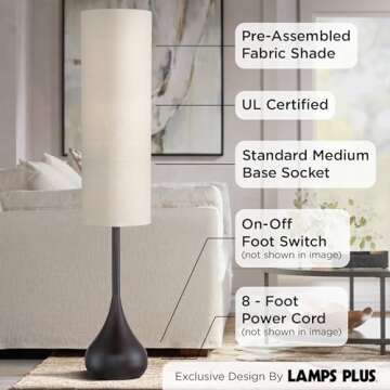 Possini Euro Design Mid Century Modern Retro Floor Lamp Standing 62" Tall Dark Bronze Metal Droplet Off-White Cotton Cylinder Shade Decor for Living Room Reading House Bedroom Home