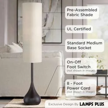 Possini Euro Design Mid Century Modern Retro Floor Lamp Standing 62" Tall Dark Bronze Metal Droplet Off-White Cotton Cylinder Shade Decor for Living Room Reading House Bedroom Home