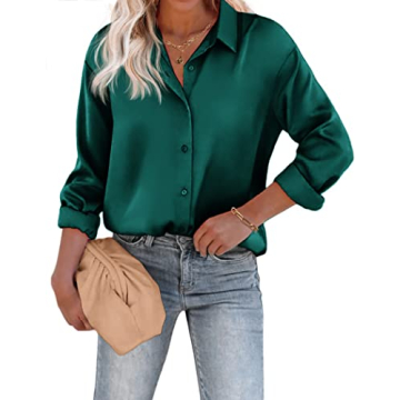 Chigant Women's Satin Silk Long Sleeve Button Down Shirt Casual Work Office Silky Blouse Top(Green,L...