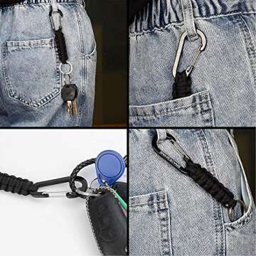 BRAVESHINE 2 Pack Black Paracord Keychain Carabiner Clips, Lanyard Hanger with Chain Hooks Heavy-Wei...