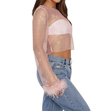 Women's Sexy Pearl Rhinestone Sheer Mesh Crop Top