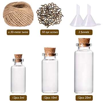CUCUMI 44pcs Mini Glass Bottles with Cork Stoppers, 20ml Capacity, 50 Eye Screws, 30m Twine, Funnels, Perfect for Wedding Favors, Halloween Decorations, Miniature Art, Storage Accessories