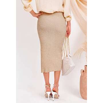 HERBATOMIA Casual Pencil Midi Skirt High Waist Solid Ribbed Knit Split Side Stretchy Mid Length Apricot Skirts for Women