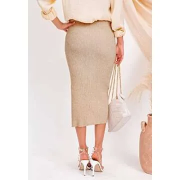 HERBATOMIA Casual Pencil Midi Skirt High Waist Solid Ribbed Knit Split Side Stretchy Mid Length Apricot Skirts for Women