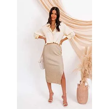 HERBATOMIA Casual Pencil Midi Skirt High Waist Solid Ribbed Knit Split Side Stretchy Mid Length Apricot Skirts for Women