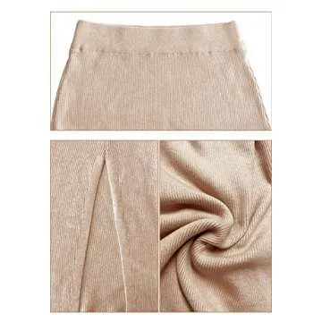 HERBATOMIA Casual Pencil Midi Skirt High Waist Solid Ribbed Knit Split Side Stretchy Mid Length Apricot Skirts for Women