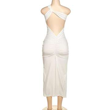 PRIVIMIX Women's Backless One Shoulder Maxi Dress Sexy Sleeveless Bodycon Draped Party Cocktail Dresses White