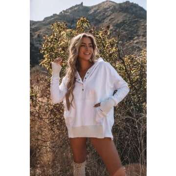 AlvaQ Pullover Hoodies for Women Juniors Casual Fashion Half Button Lightweight Sweatshirt With Pock...