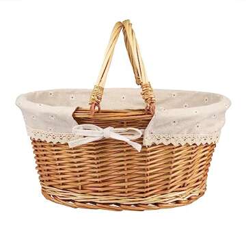 Large Multipurpose Wicker Basket with Handle, 14.2 x 11 x 6.7 in Wicker Picnic Basket with Liner, Empty Gift Basket, Oval Willow Woven Basket for Fruit, Wine, Gathering, Wedding, Picnic, by GNIEMCKIN