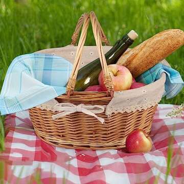 Large Multipurpose Wicker Basket with Handle, 14.2 x 11 x 6.7 in Wicker Picnic Basket with Liner, Empty Gift Basket, Oval Willow Woven Basket for Fruit, Wine, Gathering, Wedding, Picnic, by GNIEMCKIN