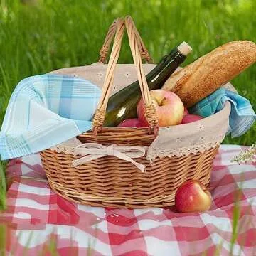 Large Multipurpose Wicker Basket with Handle, 14.2 x 11 x 6.7 in Wicker Picnic Basket with Liner, Empty Gift Basket, Oval Willow Woven Basket for Fruit, Wine, Gathering, Wedding, Picnic, by GNIEMCKIN