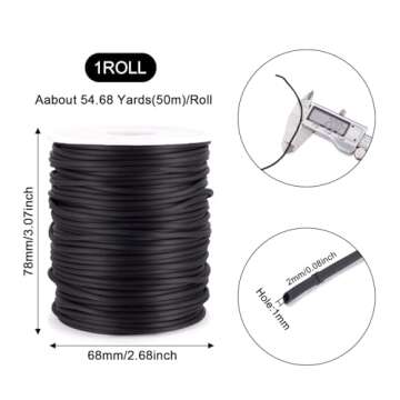 Pandahall 54.68 Yards/Roll 2mm Hollow Pipe Tubuing Rubber Cord with 1mm Hole Solid Rubber Tube Cord with Plasic Spool (Black)