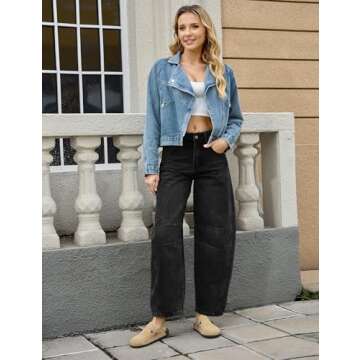 ALLABREVE Barrel Jeans for Women Trendy High Waisted Wide Leg Y2k Baggy Boyfriend Jeans Mid Rise Denim Ankle Pants with Pockets(Black,10)