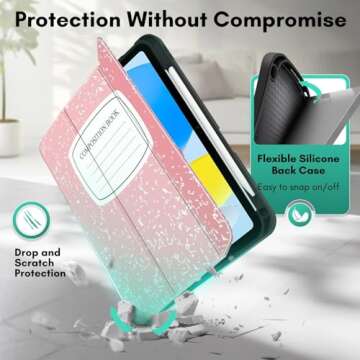 TNP Case for iPad 10th Generation Case 2022-10.9 inch iPad Case with Pencil Holder and Trifold Smart Stand Cover - Protective TPU Case for 10th Gen iPad, Auto Sleep/Wake, Composition Book Pink