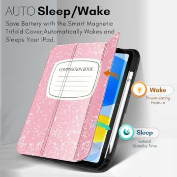 TNP Case for iPad 10th Generation Case 2022-10.9 inch iPad Case with Pencil Holder and Trifold Smart Stand Cover - Protective TPU Case for 10th Gen iPad, Auto Sleep/Wake, Composition Book Pink