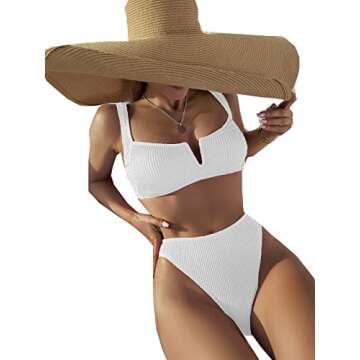 SherryDC Women's V Wired Push Up Padded High Cut High Waisted Bikini Swimsuit White