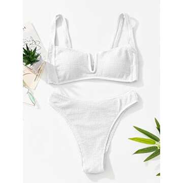 SherryDC Women's V Wired Push Up Padded High Cut High Waisted Bikini Swimsuit White