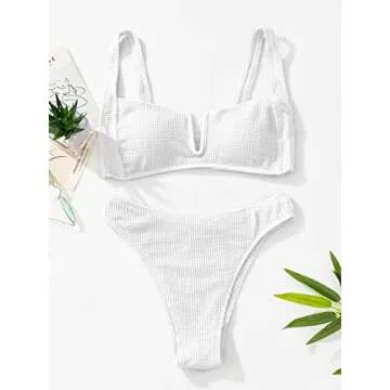 SherryDC Women's V Wired Push Up Padded High Cut High Waisted Bikini Swimsuit White