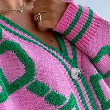 Women's Sweater Cardigan Oversized Button Down Long Sleeve Geometric Loose Knit Outerwear Plus Size Fall Winter Pink