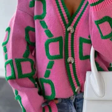Women's Sweater Cardigan Oversized Button Down Long Sleeve Geometric Loose Knit Outerwear Plus Size Fall Winter Pink