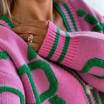Women's Sweater Cardigan Oversized Button Down Long Sleeve Geometric Loose Knit Outerwear Plus Size Fall Winter Pink