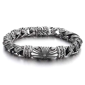 COOLSTEELANDBEYOND 8.7 Inches Retro Style Tribal, Mens Steel Cross Charm Vintage Link Chain Bracelet...