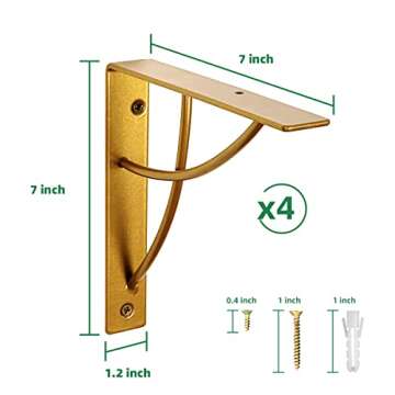 WAALIJI Metal Shelf Brackets, Gold Heavy Duty Shelf Bracket 7 Inch for Floating Shelf DIY Open Shelv...