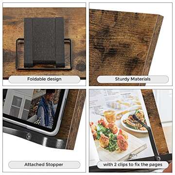 SONGMICS Cookbook Stand, Foldable Cookbook Holder, Recipe Book Holder with Clips, 5-Angle Adjustable...